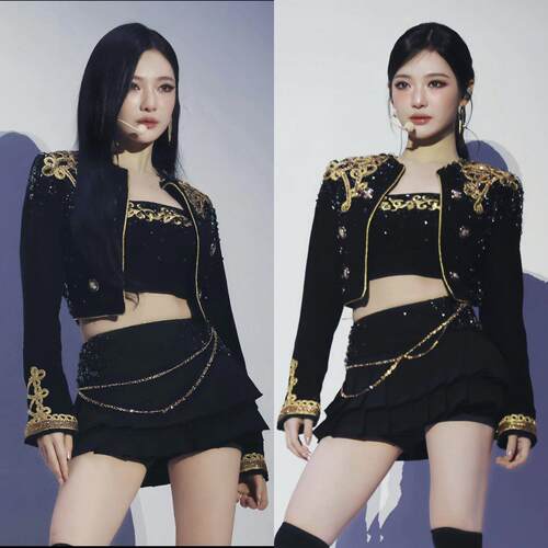 aespa女团宁艺卓同款kpop爵士舞蹈服爱豆打歌服黑金重工演出服