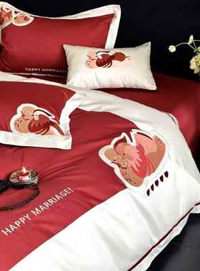 喜庆鸯刺绣结长绒棉四件套TOO红色嫁陪鸳婚嫁被套婚纯棉中式床品