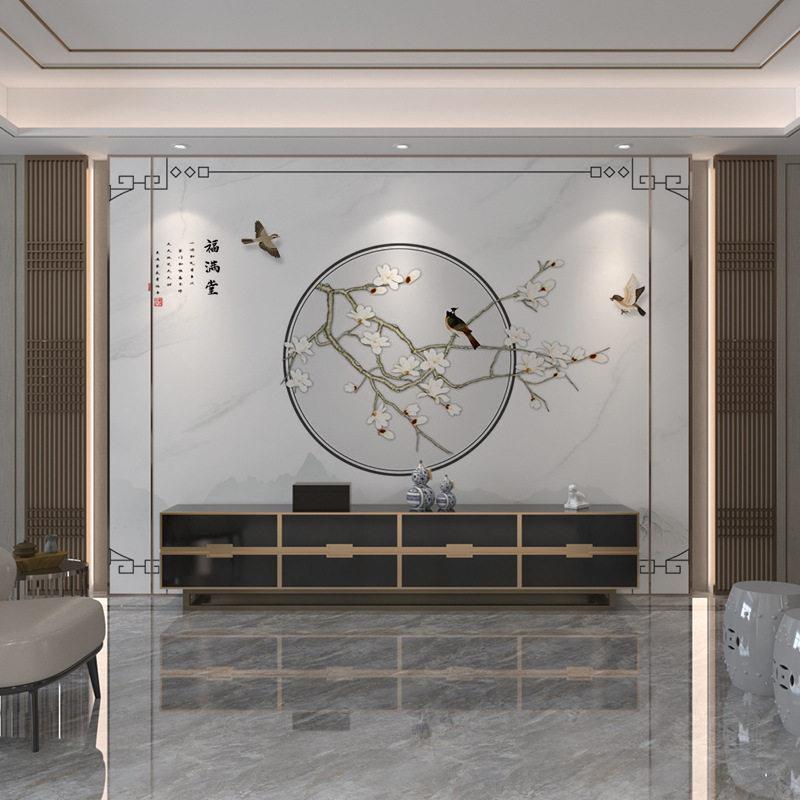 新款直销新中式电视背景墙壁纸家用现简约墙纸水墨山水壁画工笔花