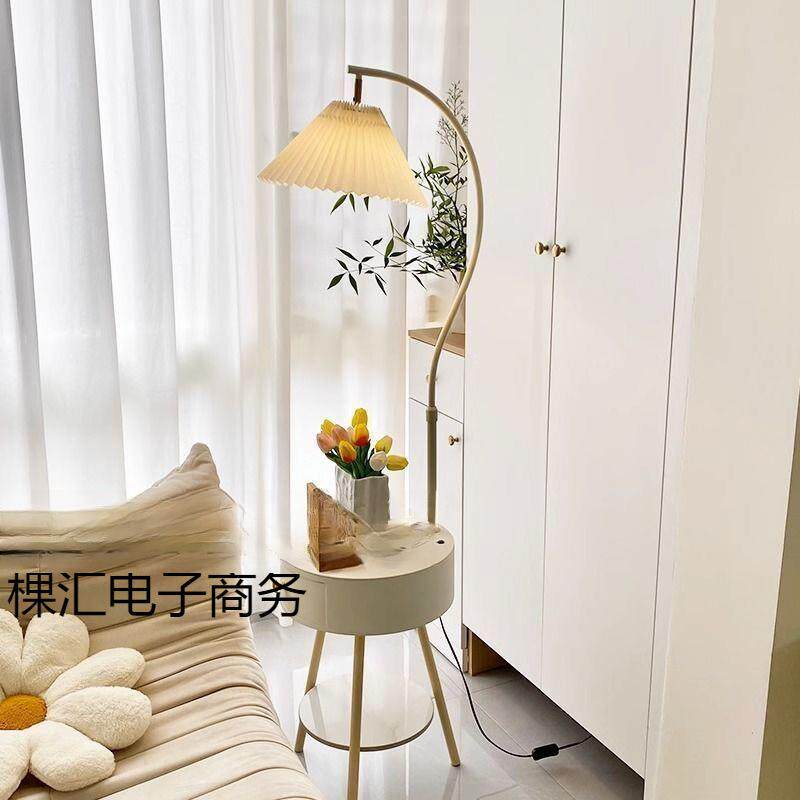 新款落地灯客厅卧室带灯床头柜奶油风置物架茶几一体简约立式台灯