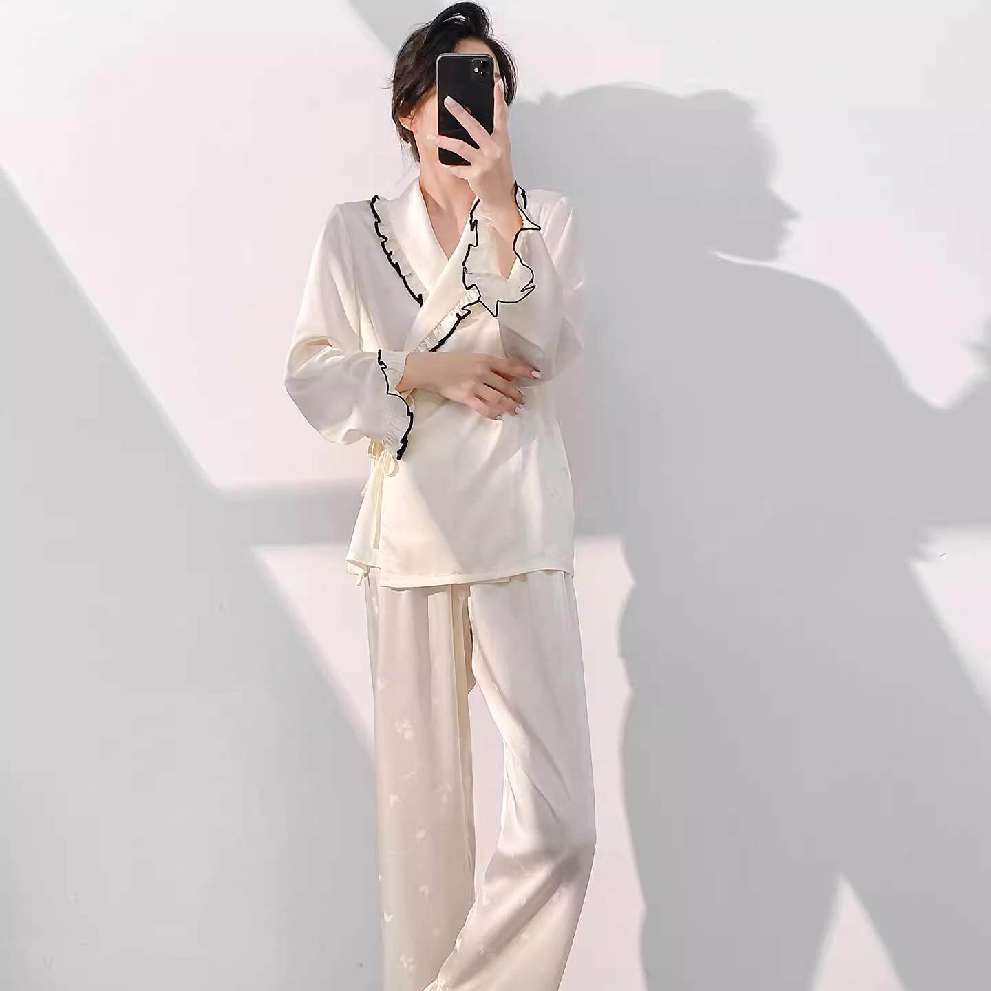 轻奢系带真丝睡衣女舒适简约可外穿家居服法式桑蚕丝长袖长裤睡衣
