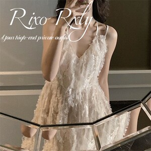 RIXO RXLY蕾丝拼接露背v领吊带连衣裙女夏季小众设计感甜美a字裙