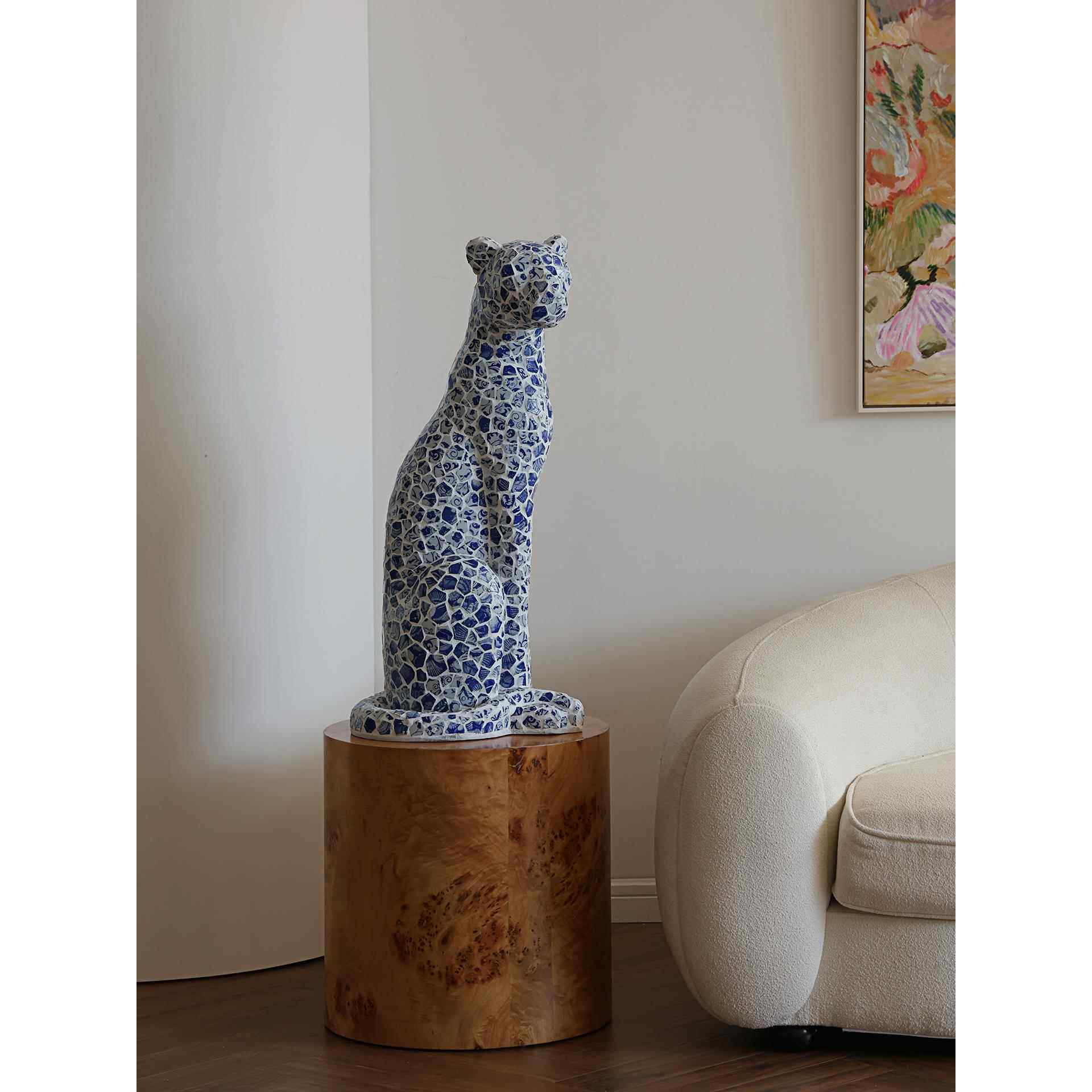 形上《豹富》法式中国风摆件手工青花贴片豹子玄关客厅开运雕塑