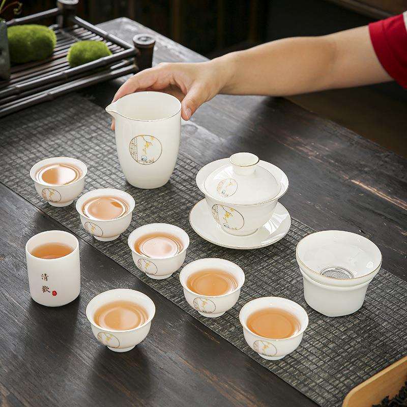 晟翔陶瓷家用茶具茶杯复古茶具套装书窗盖碗10头加主人杯简约盖碗