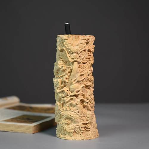 小叶黄杨木雕刻龙笔筒办公文房用品实木中式家居雕刻工艺品摆件