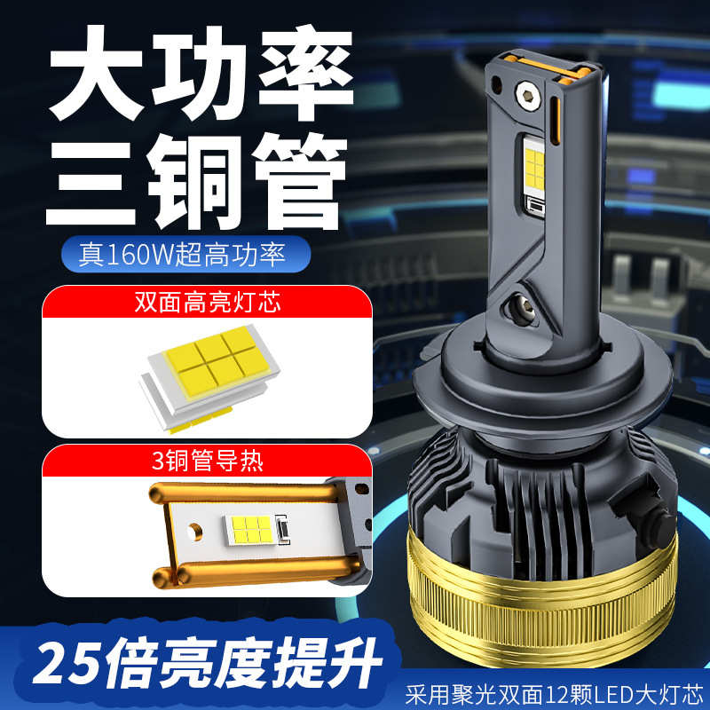 跨境led三灯汽大功率照led大灯激光160w汽车大灯铜管h7车前车灯