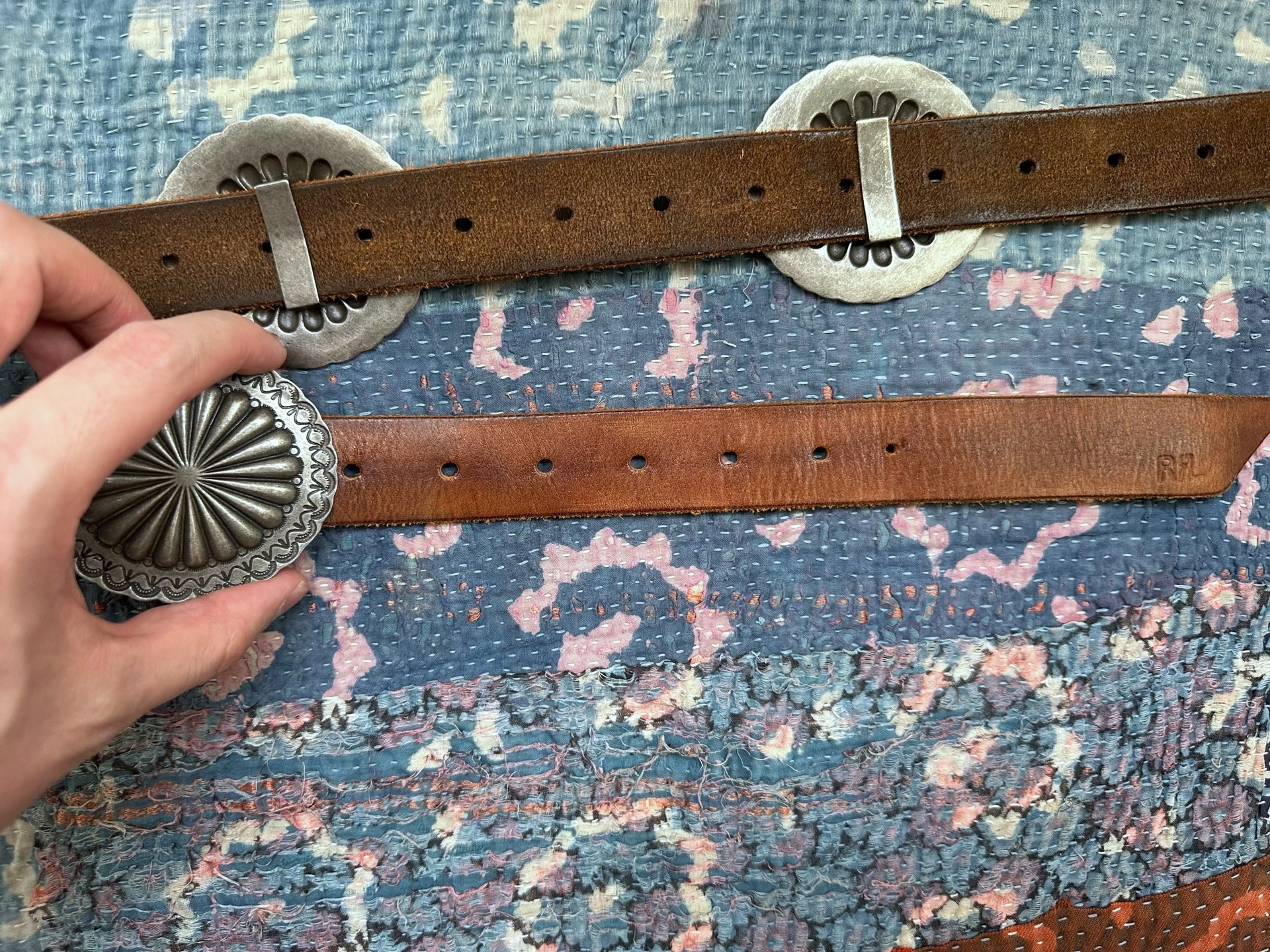 RRL Brown Leather Belt Silver Buckle — detail