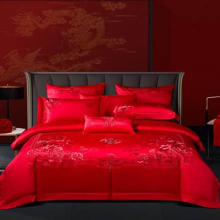 高档140s支全棉长绒棉庆件四套被套大红色床上用品婚新中结婚十件