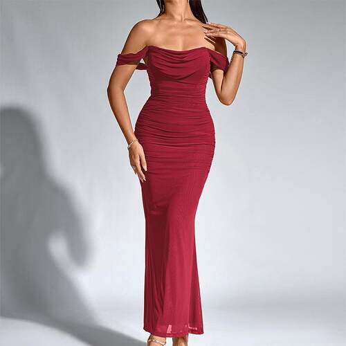 Women'S Summer Midi Dress Off Shoulder Ruched Bodycon
