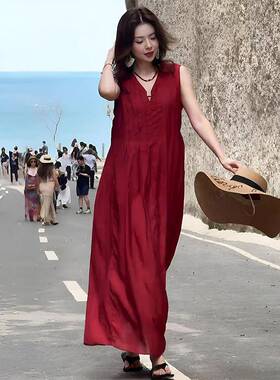 红色V领无袖背心洋装女2026新款夏季绝美巨好看海边度假长裙子