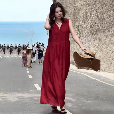 红色V领无袖背心洋装女2026新款夏季绝美巨好看海边度假长裙子
