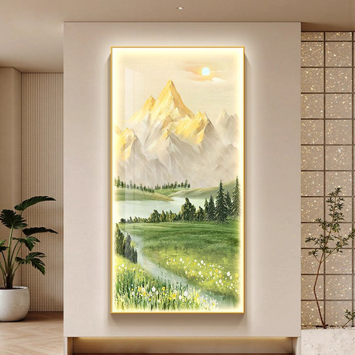 日照金山发光玄关装饰画新款走廊过道尽头带灯挂画山水风景灯光画