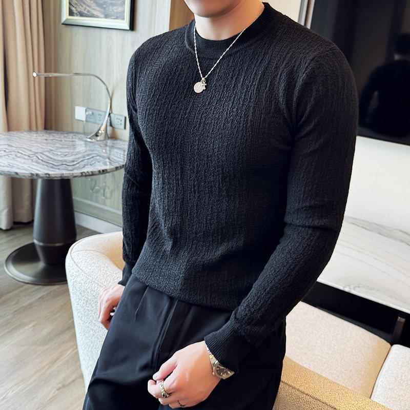 秋冬季新款圆领毛衣男暗花修身潮流长袖针织打底衫感百搭毛1204n