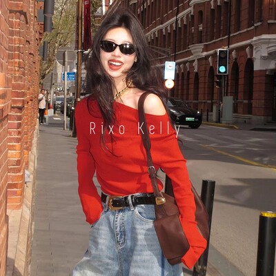 Rixo Kelly气质休闲 百搭设计感上衣舒适高级感斜肩领显瘦红色T恤