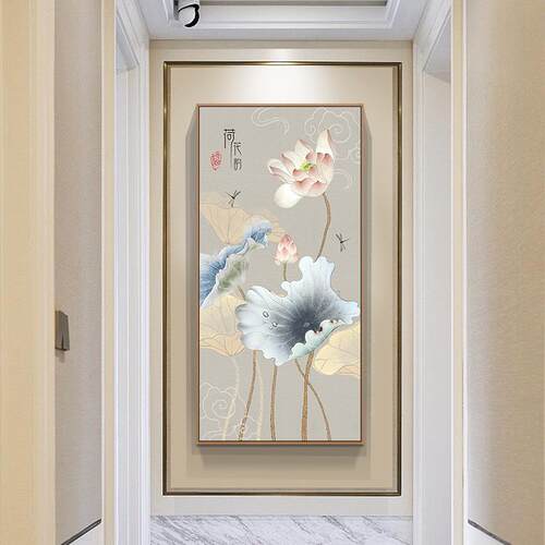 入户玄关装饰画新中式竖版国画荷花禅意过道装饰画走廊晶瓷挂画
