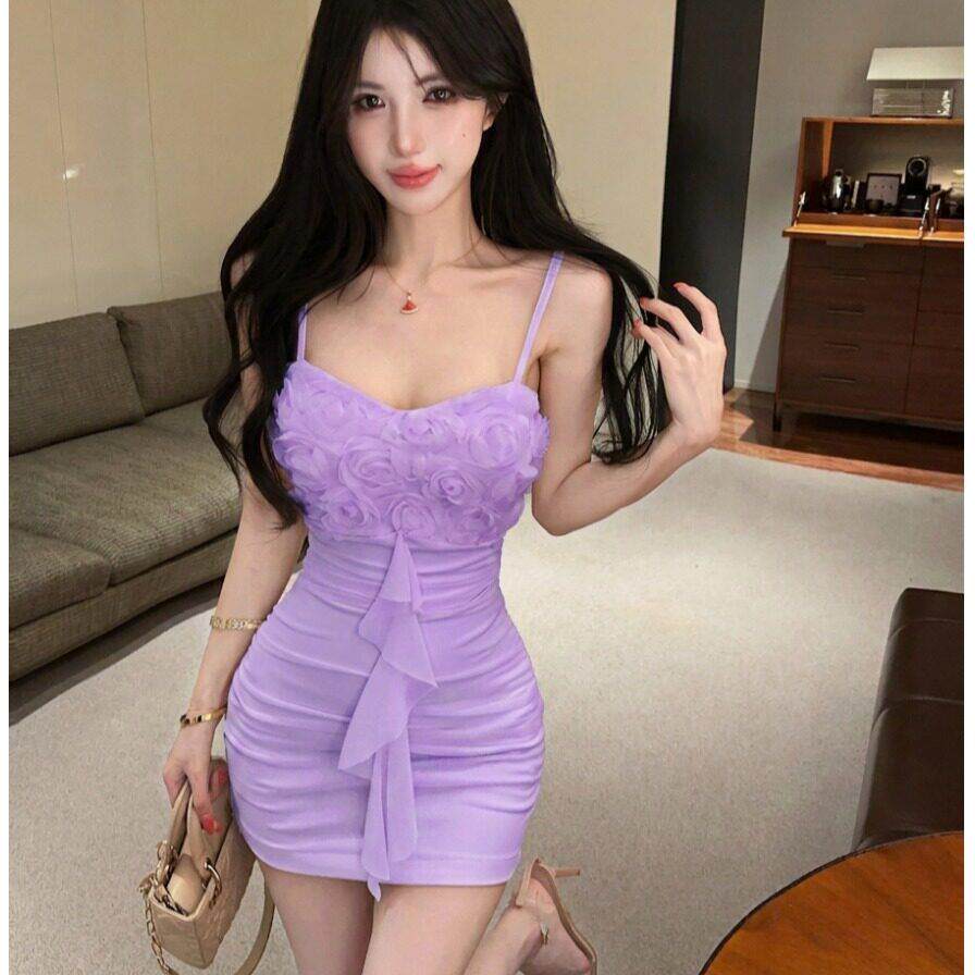 清新甜美女士吊带连衣裙性感低胸花朵拼接短款包臀裙夏季约会短裙