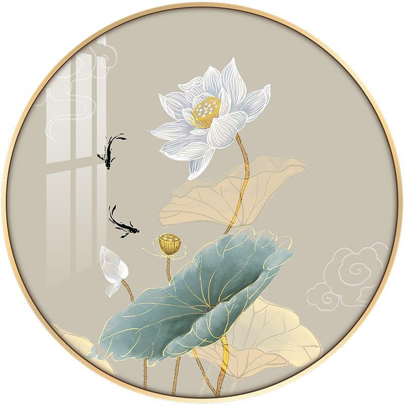 新中式装饰画 客厅沙发背景墙挂画三联 圆形玄关壁画荷花禅意梦域图片