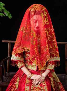 红盖头新款蒙头巾秀禾服喜帕出嫁中式婚礼结婚红色新娘软头纱