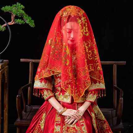 红盖头新款蒙头巾秀禾服喜帕出嫁中式婚礼结婚红色新娘软头纱
