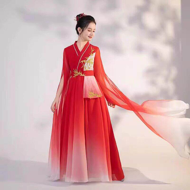 新款中国风红色弹女童古筝演出服琵琶主持人礼服合唱艺考长裙汉服
