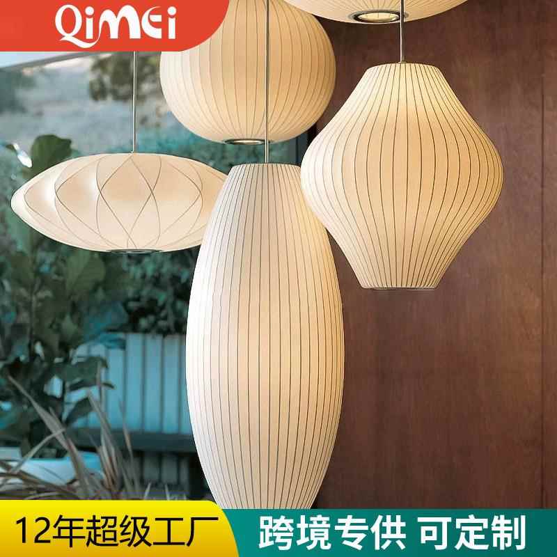 新中式客厅餐厅蚕丝布艺灯笼吊灯服装酒吧餐民宿茶艺吧台圆形灯具