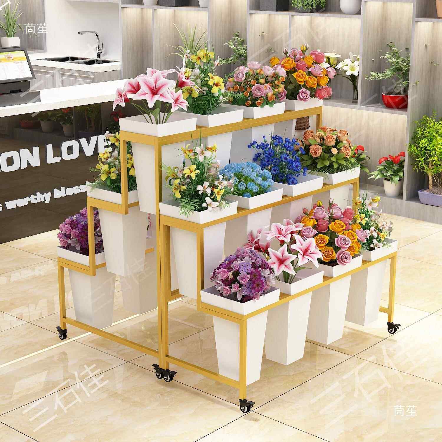 带子轮桶铁艺花店货架花架层塑料多醒花养CVNDFUIS花可移动鲜花展