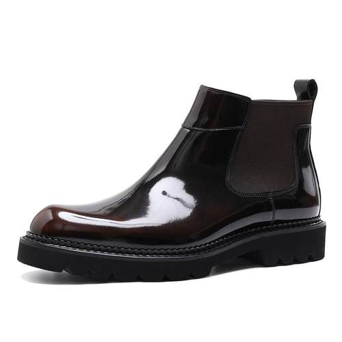 高档英伦风流切尔西靴男时尚亮潮皮厚休闲短靴底高筒皮鞋男套士筒