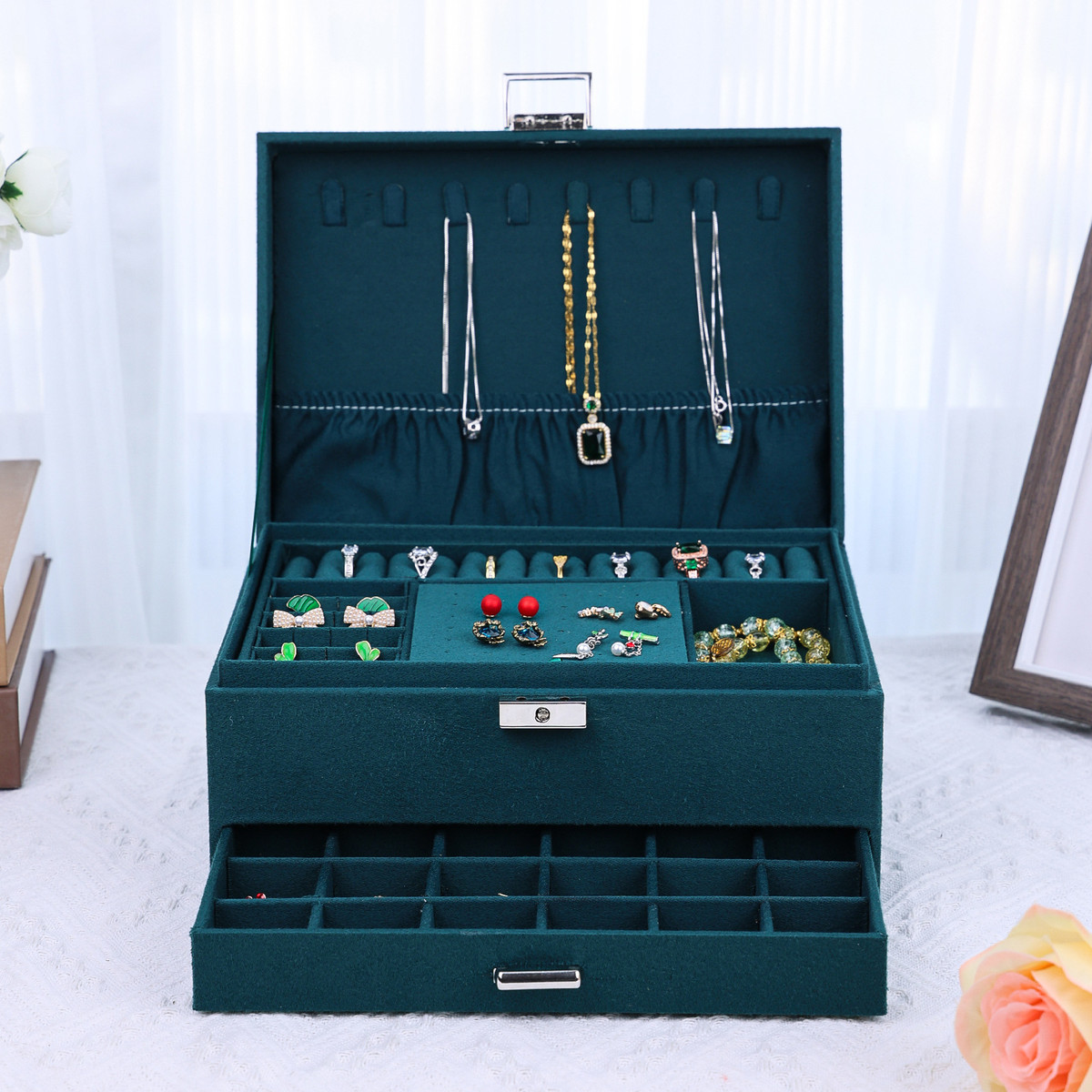 德莱士三层绒布首饰收纳盒墨绿色珠宝箱带盖大容量带镜子首饰盒