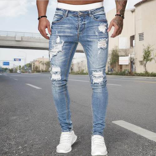 Small leg men's pants denim with holes