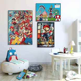 马里奥装饰画复古美式超级玛丽任天堂游戏挂画电竞房间儿童房壁画
