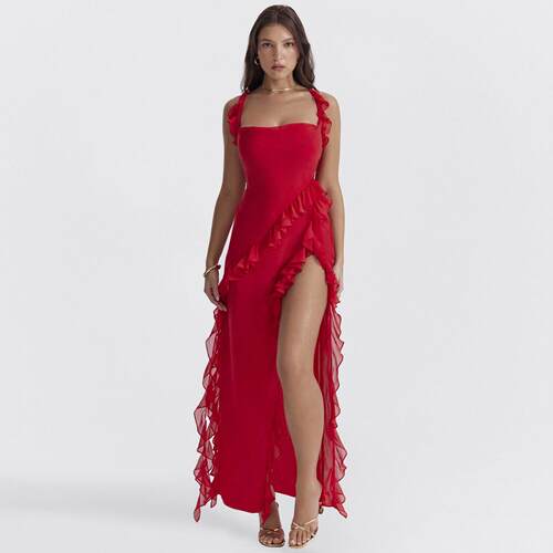 Women's Plain Feminine Ruffle Hem Split Thigh Dress Elegant