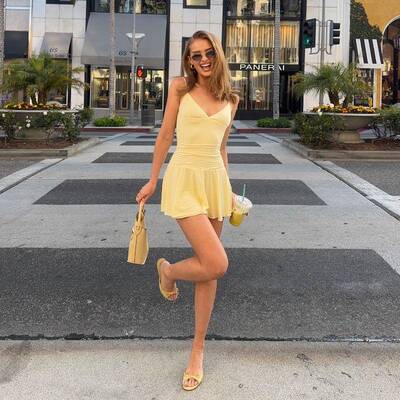 Elegant V Neck Satin Ruffle Hem Spaghetti Strap Short Skirt
