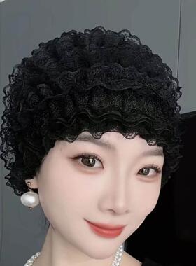 春夏季蕾丝花边薄款妈妈帽遮白发包头帽防尘遮阳时尚防风帽光头帽
