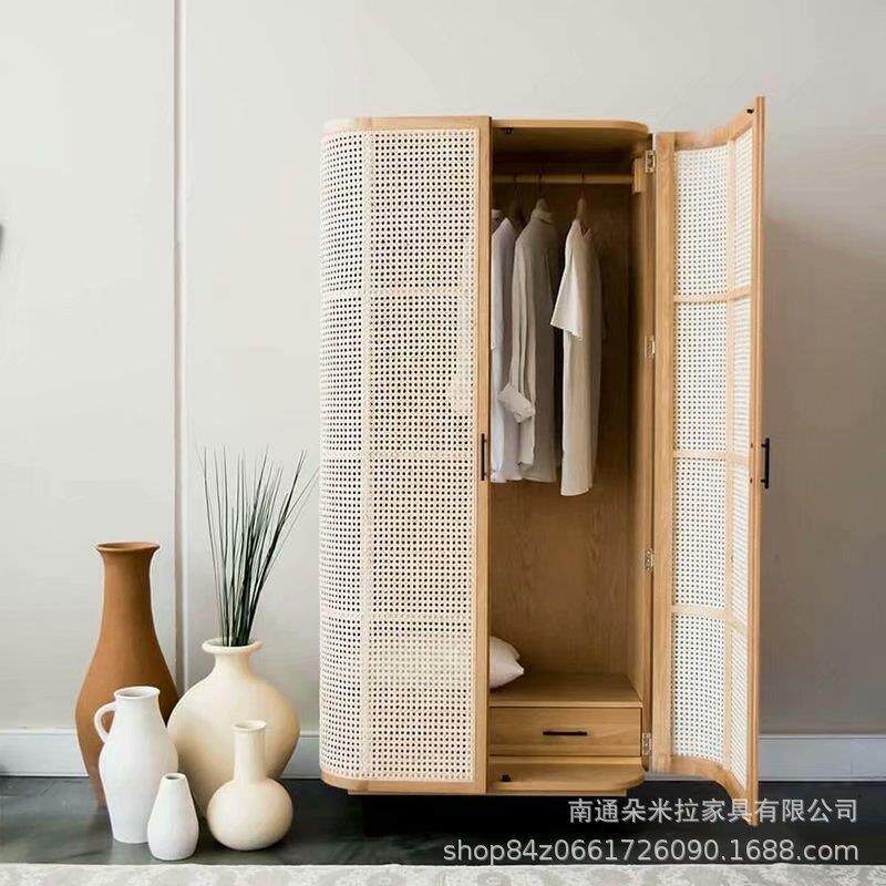 美式乡村藤编双门实木衣橱小户型简约现代卧室衣柜储物收纳柜
