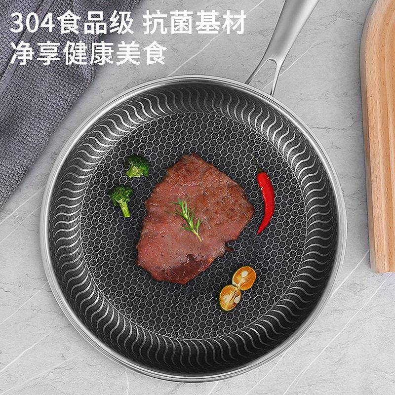 304不锈钢煎锅双面蜂窝炒菜锅家用防粘锅平底锅牛排双面煎蛋锅