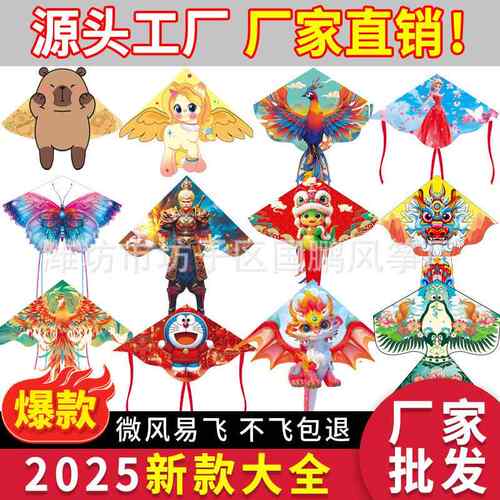 潍坊2025年新款风筝大全厂家儿童成人微风易飞带线摆摊玩具厂
