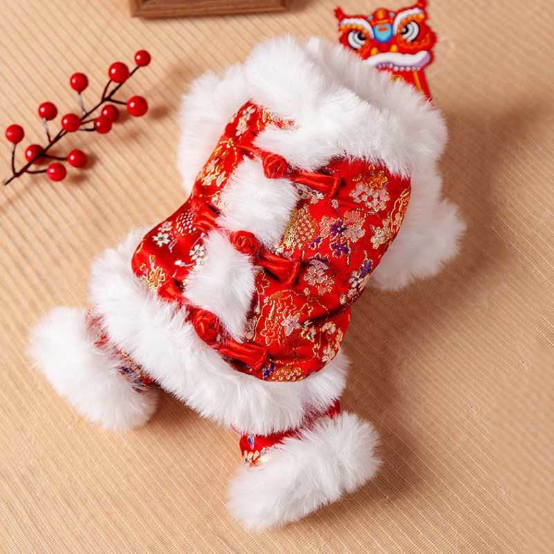 猫咪秋冬季保暖新年百花金丝四脚狗狗唐装喜庆过年棉衣宠物狗衣服