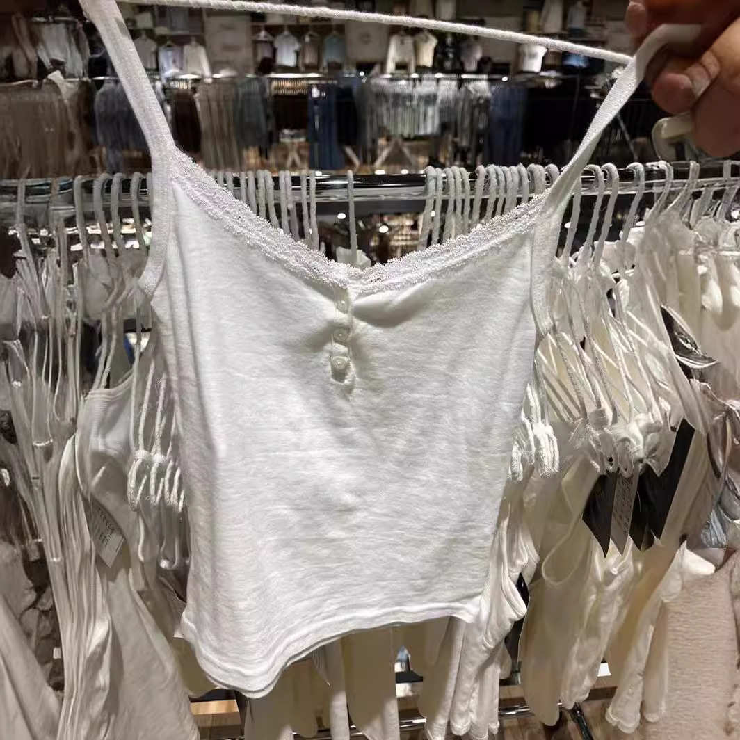 BM风美式蕾丝花边纽扣吊带女夏外穿上衣内搭修身显瘦棉罗纹背心潮