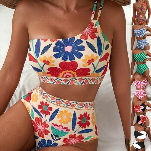 Bikini Womens Floral Print High Waisted Sets One Shoulder