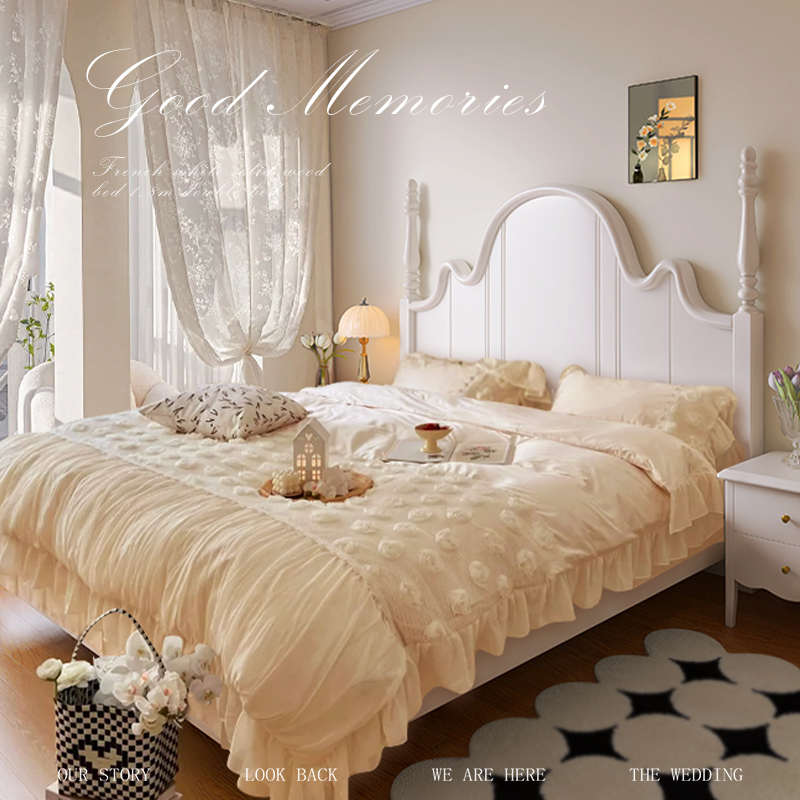 9W法式实木床白色奶油风公主床1.8米1.5卧室双人床美式复古轻奢大