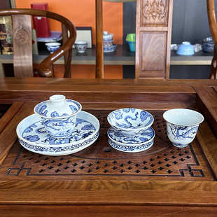 青花海浪龙盖碗茶碗家用壶承二才盖碗功夫茶杯子 景德镇手工柴窑元