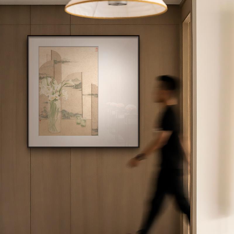 新中式餐厅背景墙装饰画茶室禅意挂画国风卧室床头壁画马蹄莲花卉