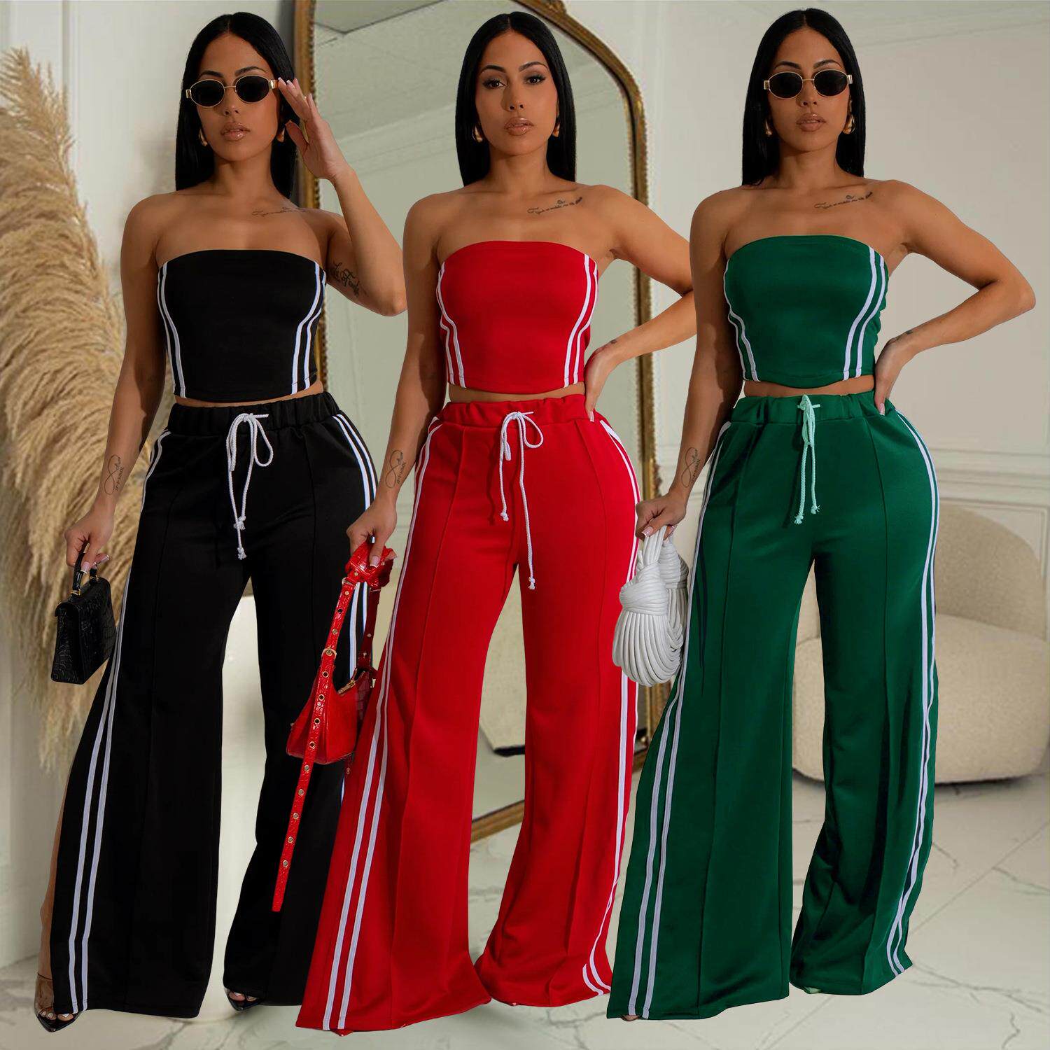 Women's Side Stripe Sleeveless Tube Top & Wide Leg Pants