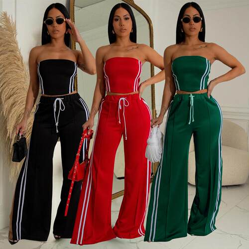 Women's Side Stripe Sleeveless Tube Top & Wide Leg Pants