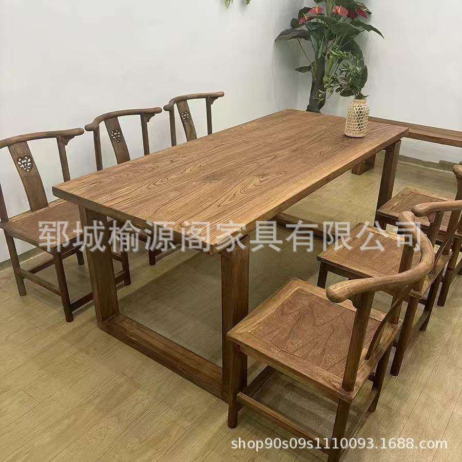 新中式老榆木茶桌饭店实木餐桌复古原木门板实木吧台家用长桌椅