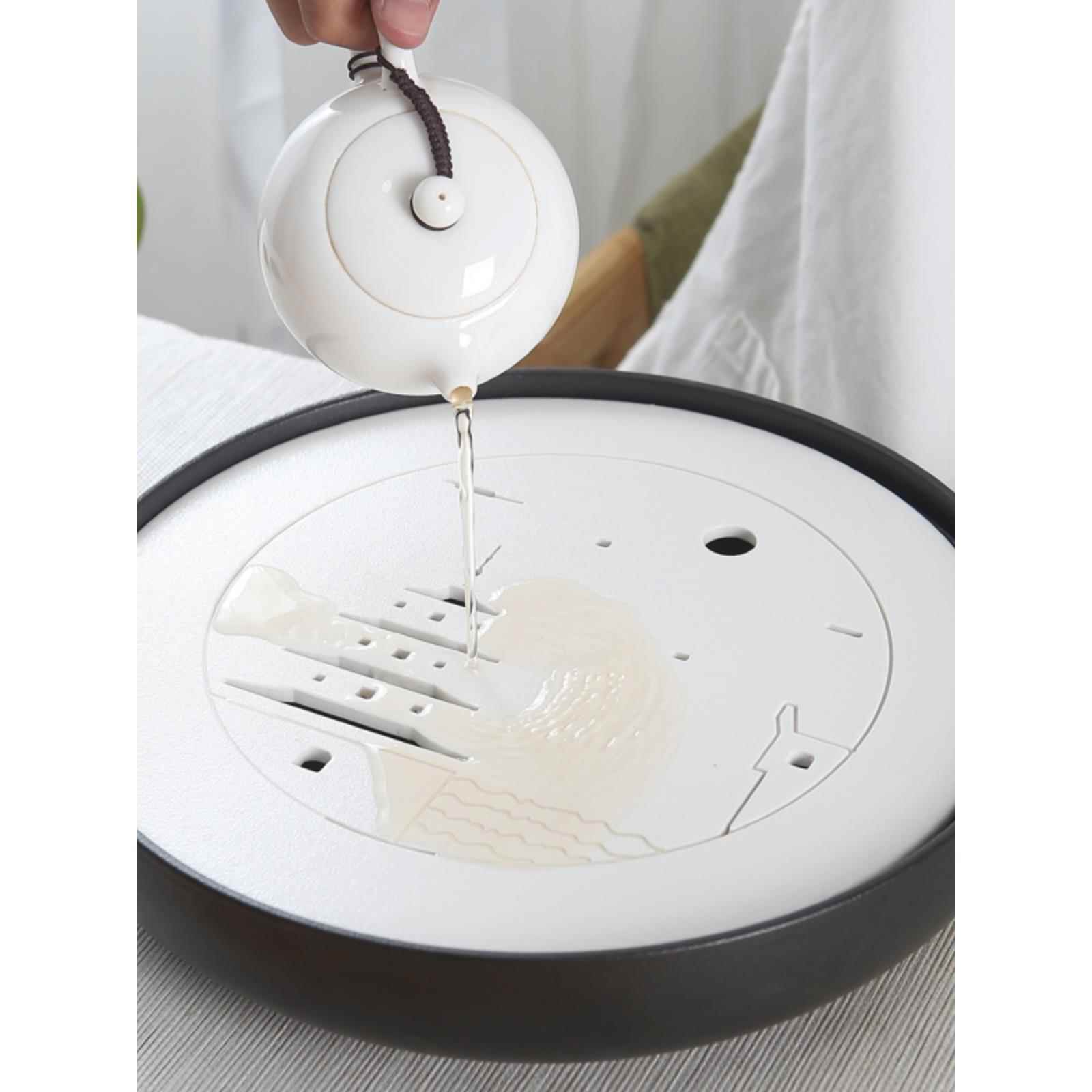 全陶瓷茶盘家用功夫茶具干泡茶台简约迷你干冰圆形储水托盘小茶海