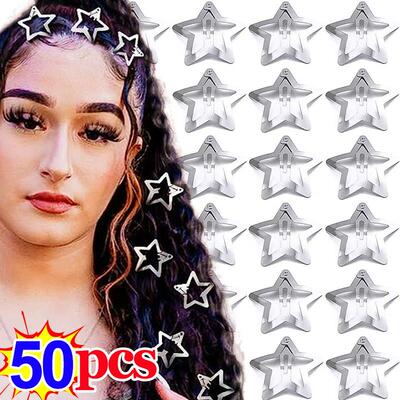 2/50Pcs Y2K Silver Star Hair Clips for Girls Filigree Star M