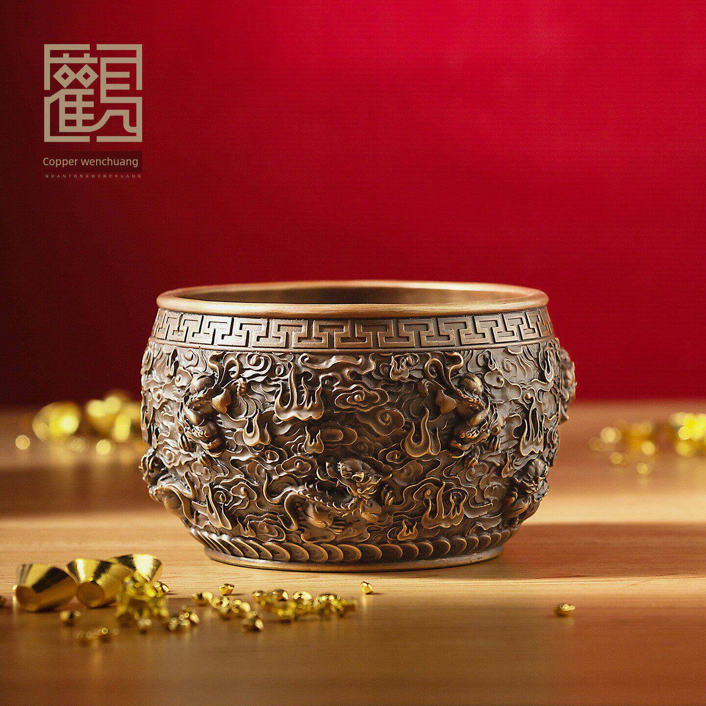 铜皮绣聚宝盆招财,米芾缸,铜工艺品摆件,家居装饰,办公礼品