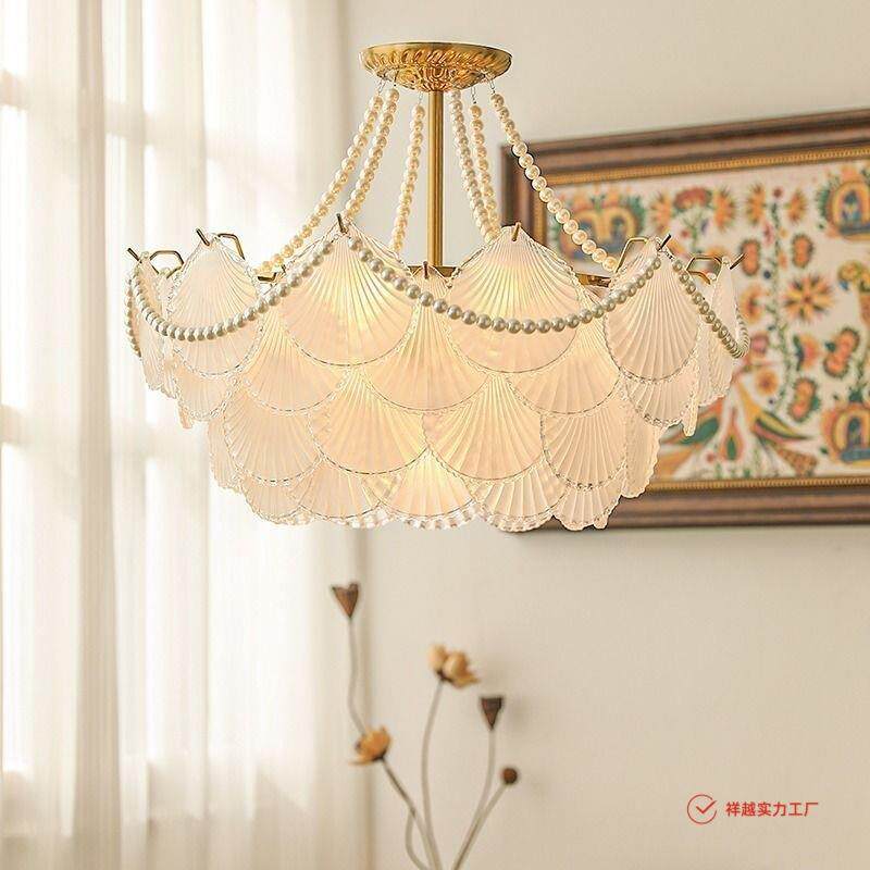 法式客厅灯轻奢吊中山具现灯代主简约大气水晶珍珠952贝壳卧室灯