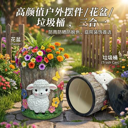 创意精致可爱小羊树桩垃圾桶客厅卧室阳台装饰树脂工艺品